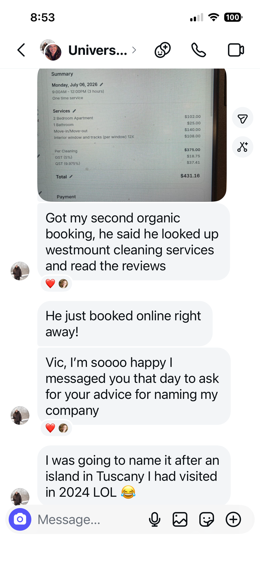 Text message from Can: a client booked online after searching Westmount cleaning services and reading her reviews, and she thanks Vic for the naming advice